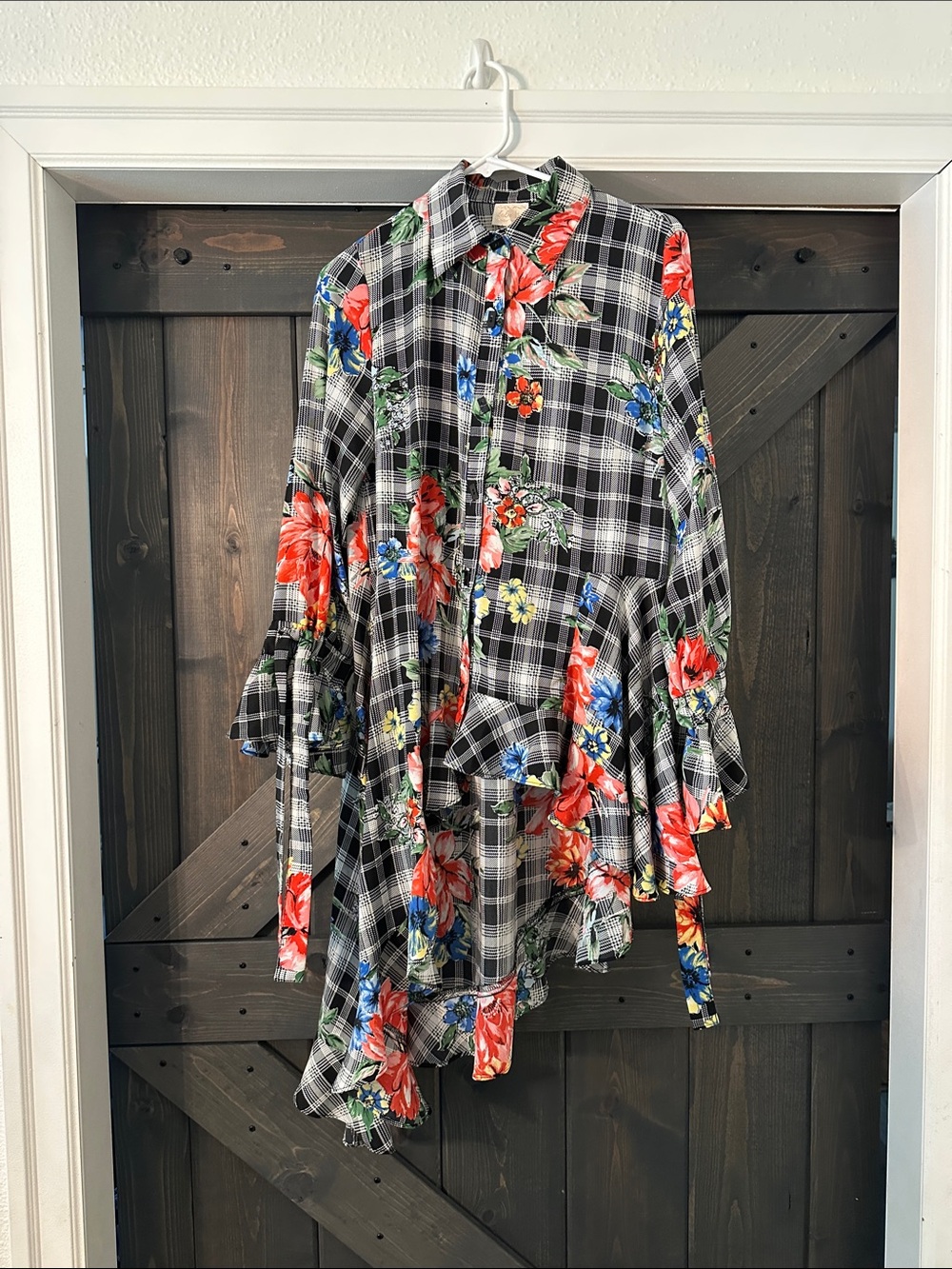 Floral Plaid Ruffle Blouse - Black with Red Floral